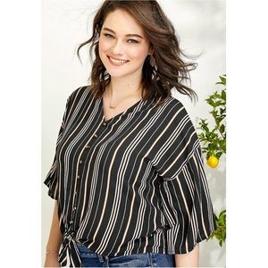 Maurices Plus Stripe Button Up Tie Hem Dolman Top Blouse - Black - Size 2X
